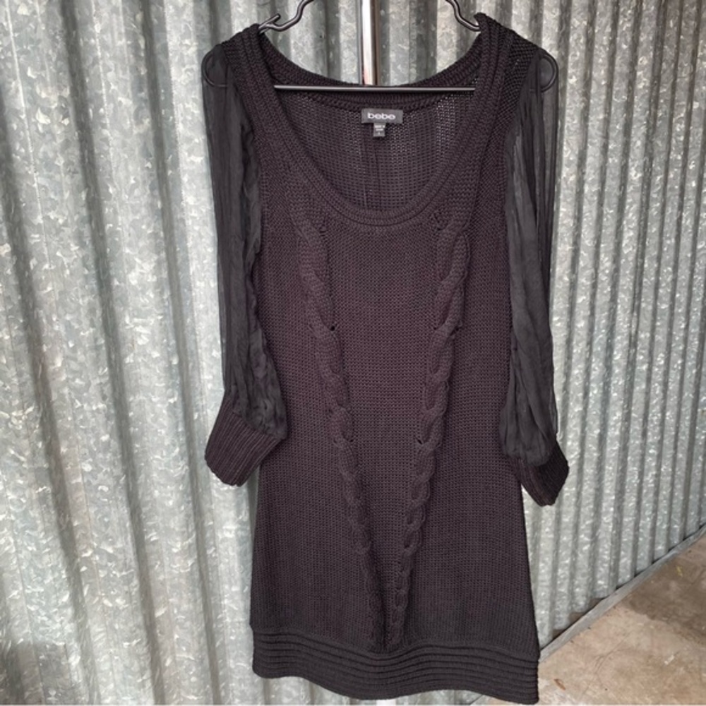 Y2K Bebe Black Cable Knit & Silk Sweater Dress Size Large